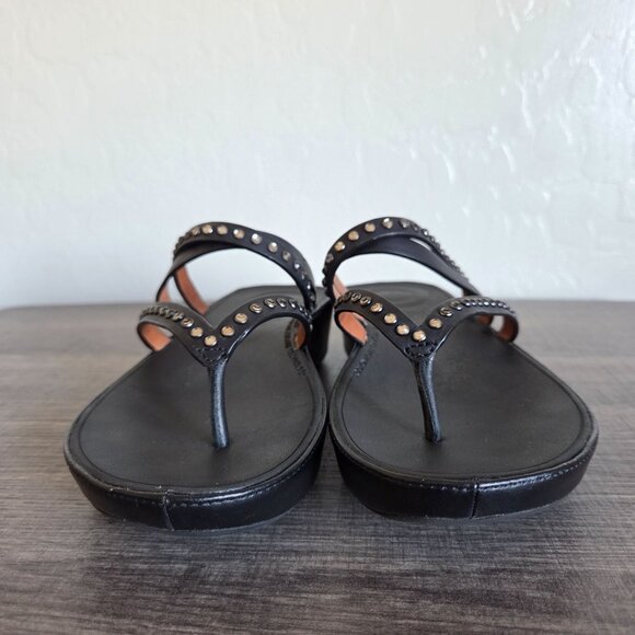 FitFlop Linny Leather Rhinestone Criss-Cross Toe Post Sandal Black Size Womens 8 - Picture 2 of 9